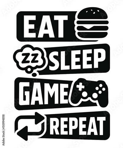 Gaming quotes - Eat sleep game repeat vector Design – Gamer Quote Typography with Icons