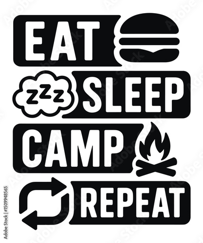 Eat Sleep Camp Repeat - Camping Quote Vector Design with Icons for T-Shirts and Stickers