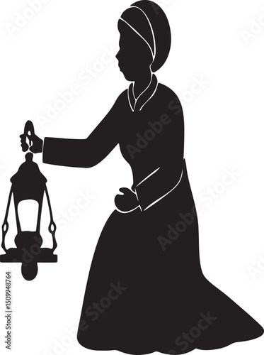 Lady with a Lantern: A timeless silhouette of a woman clutching a lantern, casting a gentle glow as she navigates the twilight, embodying hope and guidance.