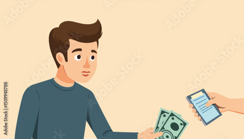 Concerned man handling unpaid bills with smartphone, financial stress