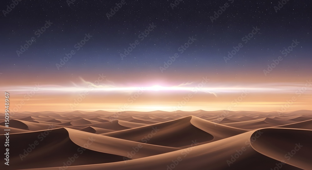 Naklejka premium Majestic Desert Landscape at Sunrise Under a Starry Sky featuring Rolling Sand Dunes and a Bright Horizon