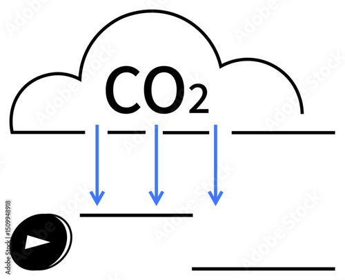 CO2 cloud with downward-pointing arrows, symbolizing emissions flow or carbon capture. Ideal for environment, climate change, sustainability, energy, pollution control, research, and simple landing