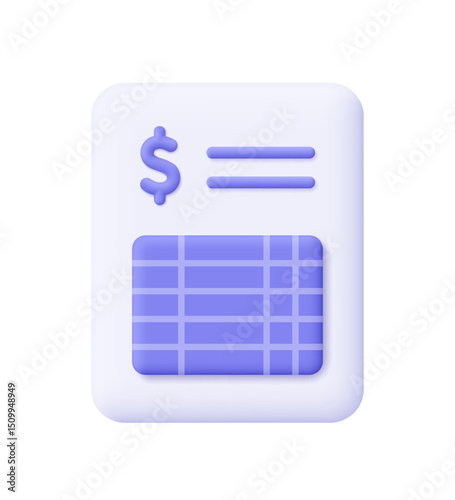Document with spreadsheet and purple dollar sign. Bank statement, invoice. Business, finance and tax concept. 3d vector icon. Cartoon minimal style.