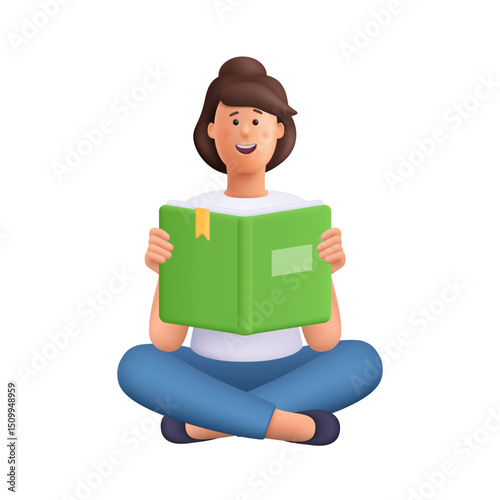 Young smiling woman Jane sitting with crossed legs, holding or reading open book. Education concept. 3d vector people character. Cartoon minimal style.