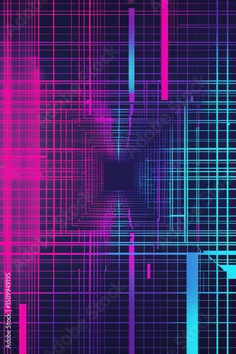 Electric blue and hot magenta grid Retro Synthwave background for card or greeting template banner backdrop