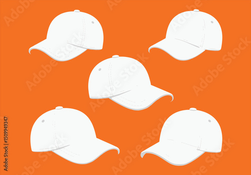 Set of Five White Baseball Caps Vector Illustration, cap, baseball, casual hat, vector illustration, fashion accessory, modern headwear vector, outdoor sports hat