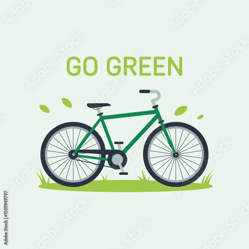Green Bicycle on Grass Promoting Eco-Friendly Transportation with 'Go Green' Message in Clean Minimal Design for Environmental Campaigns