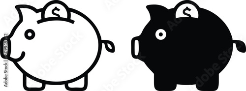 Piggy Bank Icon. Stylized Piggy Bank Line Art Vector with Coin and Bold Black Outline