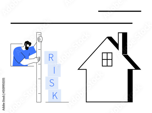 Person measuring stacked blocks labeled RISK near a house. Ideal for real estate, risk management, home safety, property insurance, investment analysis, strategic planning, simple landing page
