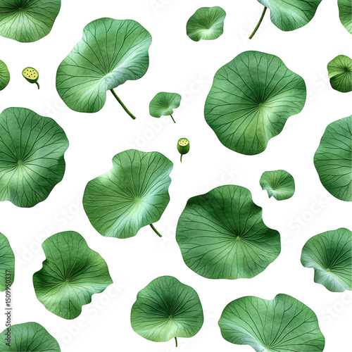2d illustration of a tileable pattern of lotus leaves isolated on a white transparent background