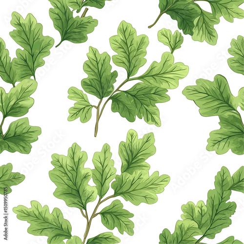 2d illustration of a tileable pattern of oak leaf hydrangea leaves isolated on a white transparent background