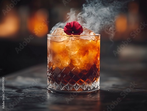 an old fashioned with sphere ice, in a whiskey glass that's half glass and half wood