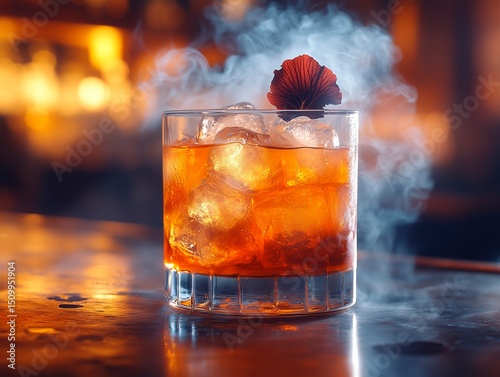 an old fashioned with sphere ice, in a whiskey glass that's half glass and half wood