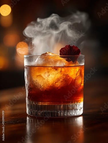 an old fashioned with sphere ice, in a whiskey glass that's half glass and half wood