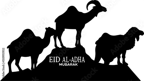"A cultural celebration design with three animals—camel, ram, and goat—rendered in red silhouette style, placed to form a harmonious composite shape, against a dual-tone black and white background. Ce