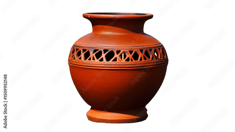 Ornate terracotta vase with lattice design, cut out transparent Ornate terracotta vase with lattice design, cut out transparent