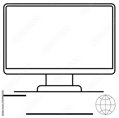 Blank computer monitor on desk with globe icon symbolizing global communication, digital innovation, and IT systems. Ideal for technology, communication, network, education, business, remote work
