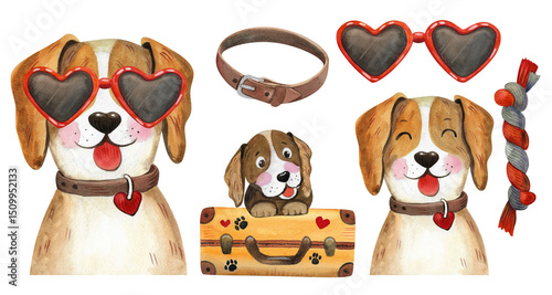 Photography Watercolor set of cute cartoon dogs isolated on white background