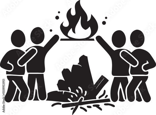 Campfire Gathering: A lively group of friends and individuals gathers around a crackling campfire under the open sky, enjoying the warmth, stories, and shared moments of a memorable outdoor adventure.