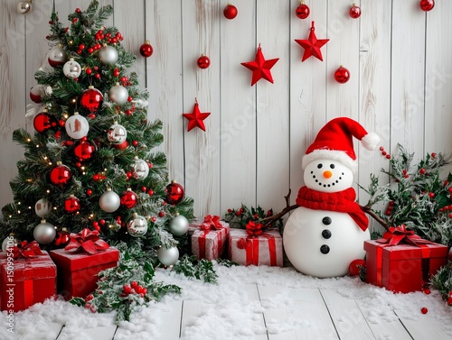 backdrop with a white wooden wall, decorated with a Christmas tree and snowman decorations, red stars, silver balls, green holly leaves, red gifts on a grey wood background,