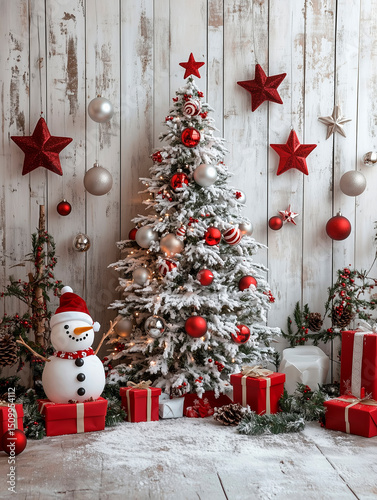 backdrop with a white wooden wall, decorated with a Christmas tree and snowman decorations, red stars, silver balls, green holly leaves, red gifts on a grey wood background,