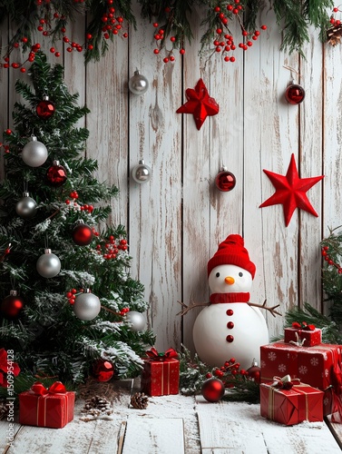 backdrop with a white wooden wall, decorated with a Christmas tree and snowman decorations, red stars, silver balls, green holly leaves, red gifts on a grey wood background,