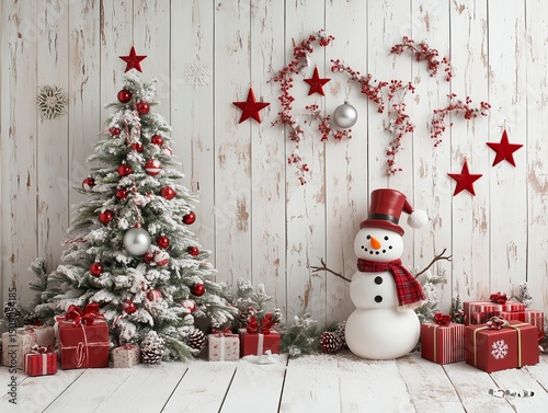 backdrop with a white wooden wall, decorated with a Christmas tree and snowman decorations, red stars, silver balls, green holly leaves, red gifts on a grey wood background,