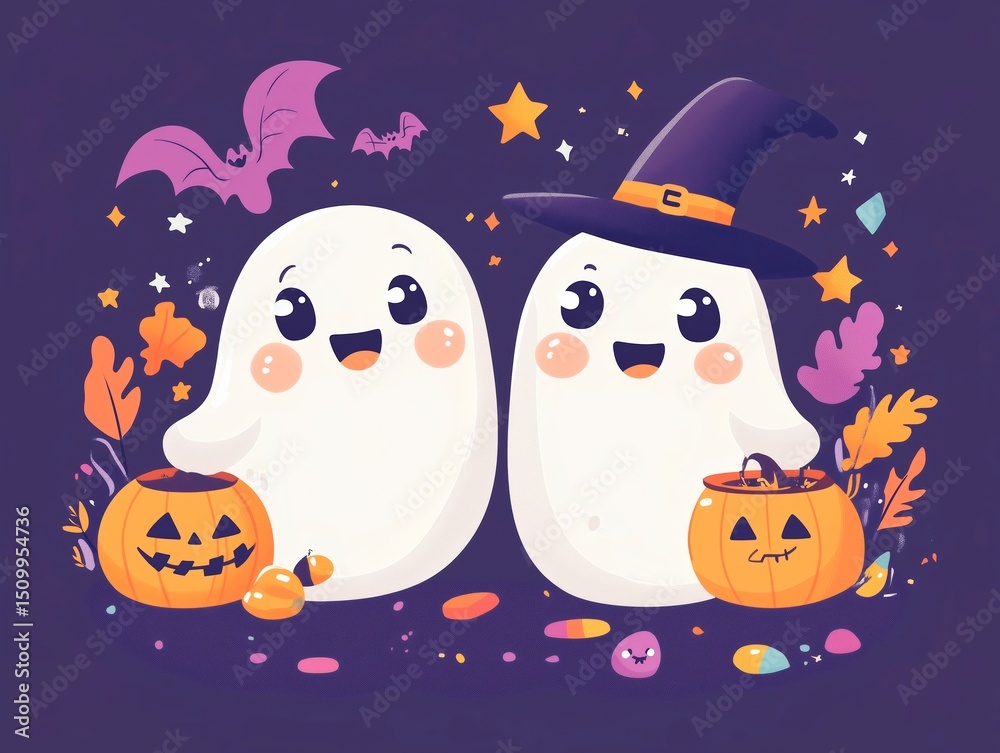 Obraz premium a cute and funny Halloween-themed design. In the center of the design, feature two adorable ghosts with happy and playful expressions.