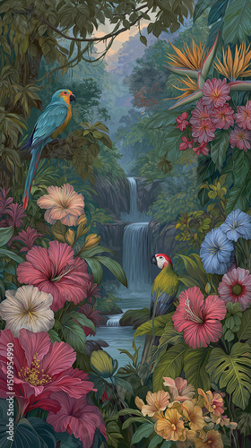 Vibrant tropical jungle scene with exotic flowers and birds