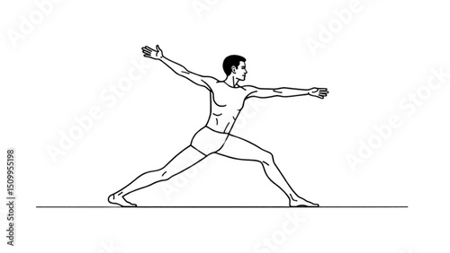 Man performing yoga warrior pose illustration, fitness and wellness concept.