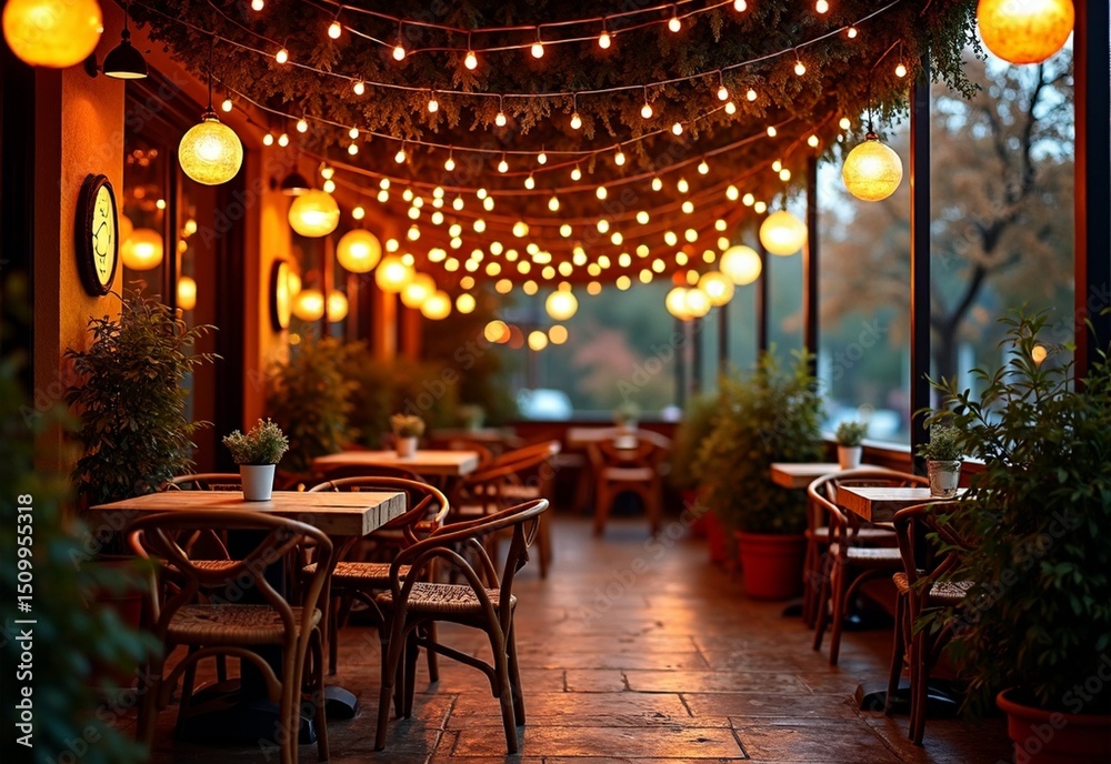 Fototapeta premium Boho Restaurant patio with ball during side lighting