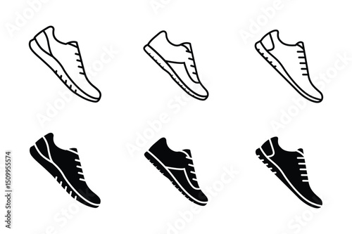 Versatile sneaker icon collection stylish sport shoe vector graphics, including training footwear silhouette designs for athletic use and fashionable statements, a complete set