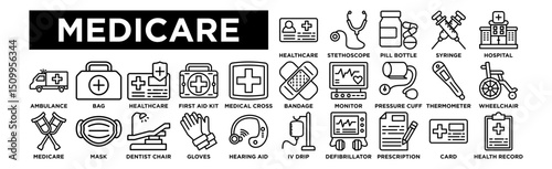 Medicare icon collection set. Healthcare Card, Stethoscope, Pill Bottle, Syringe, Hospital Building