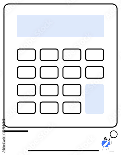 Oversized calculator with square buttons and focused individual using magnifier. Ideal for finance, accounting, precision, data analysis, problem-solving, organization, education. Flat simple