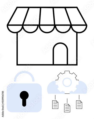 Storefront outline with a locked padlock and cloud gear sharing documents. Ideal for data security, privacy, small business, cloud storage, cybersecurity, digital systems, flat simple metaphor