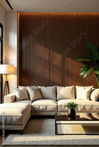 Modern Sectional Sofa in a Sunlit Living Room with Wooden Wall Accents and a Minimalist Coffee Table