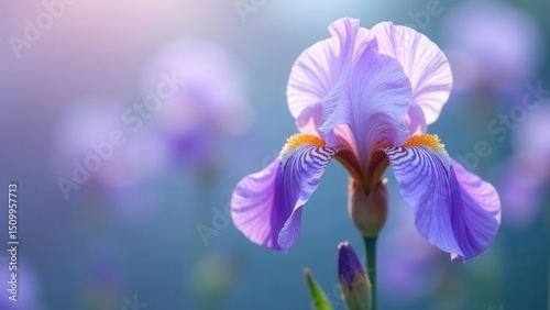 A Delicate Purple Iris Blossom in Soft Sunlight, Gracefully Displaying Its Intricate Veins and Vibrant Hues