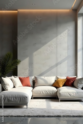 Sunlit Modern Sectional Sofa in a Minimalist Living Room with Textured Walls