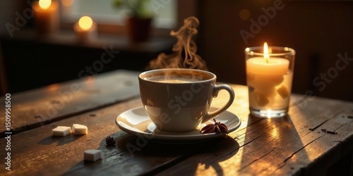 Warmth and serenity a steaming cup of coffee beside a candle on a rustic wooden table