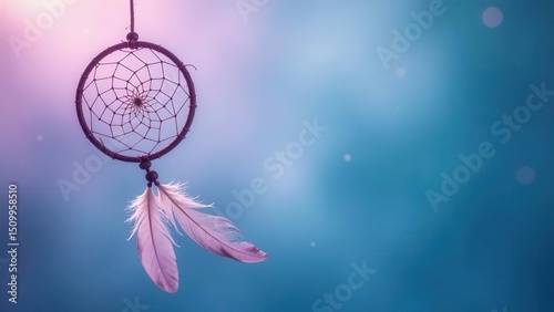 Serene Dreamcatcher Hanging Against a Soft Blue and Purple Background, Symbolizing Tranquility and Peaceful Dreams