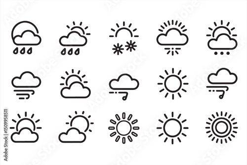 Simple black weather icons depicting sun, rain, and wind for weather apps