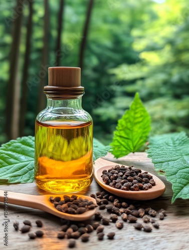 a small bottle of castor oil sitting on a wooden table on a porch outside with the woods visible but blurry in the background.