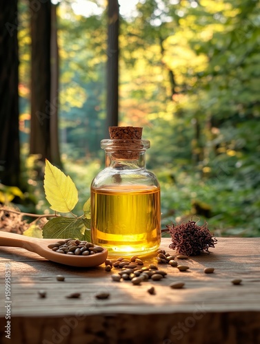 a small bottle of castor oil sitting on a wooden table on a porch outside with the woods visible but blurry in the background.