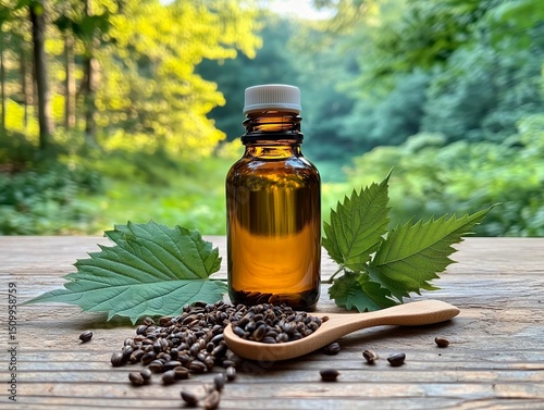 a small bottle of castor oil sitting on a wooden table on a porch outside with the woods visible but blurry in the background.