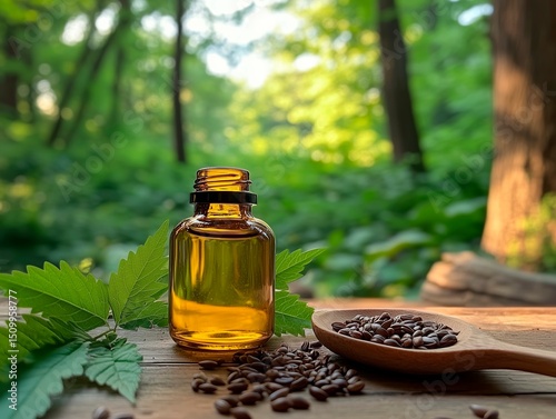 a small bottle of castor oil sitting on a wooden table on a porch outside with the woods visible but blurry in the background.