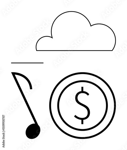 Cloud image, musical note, and coin with dollar sign, suggesting digital storage, music industry, financial technology. Ideal for technology, music, finance cloud computing economy innovation