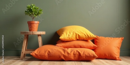 A Stack of Cozy Orange and Yellow Cushions Resting Near a Small Wooden Stool and a Potted Plant Against a Muted Green Wall