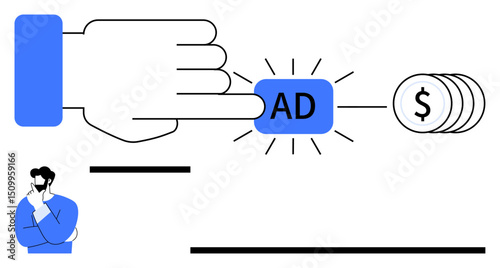 Hand clicking ad button triggering income represented by money coins, thoughtful person icon suggesting strategic marketing. Ideal for advertising, revenue, business, branding, promotion, e-commerce