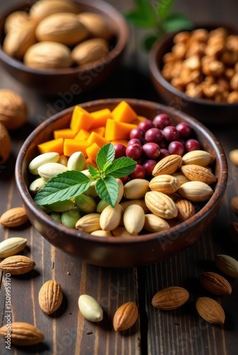 Aromatic medley of assorted nuts, seeds, and fruit segments artfully arranged in a rustic bowl, complemented by fresh herbs and scattered around on a dark wooden surface