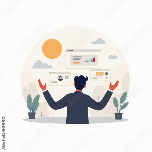Man Overwhelmed by Data & Information Overload - Flat design